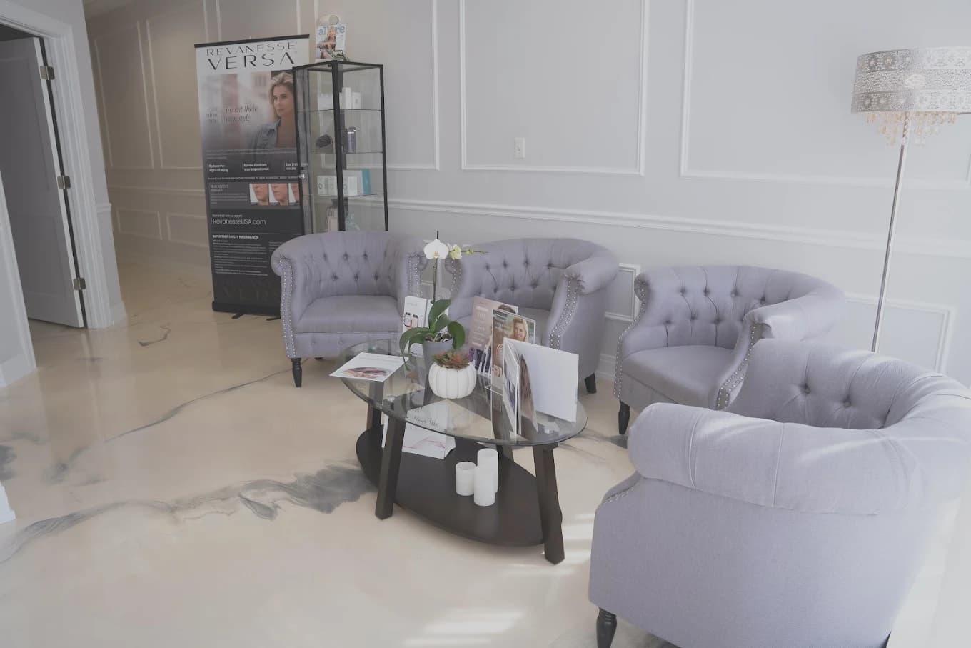 The bright, welcoming waiting lounge inside Skin Med Spa