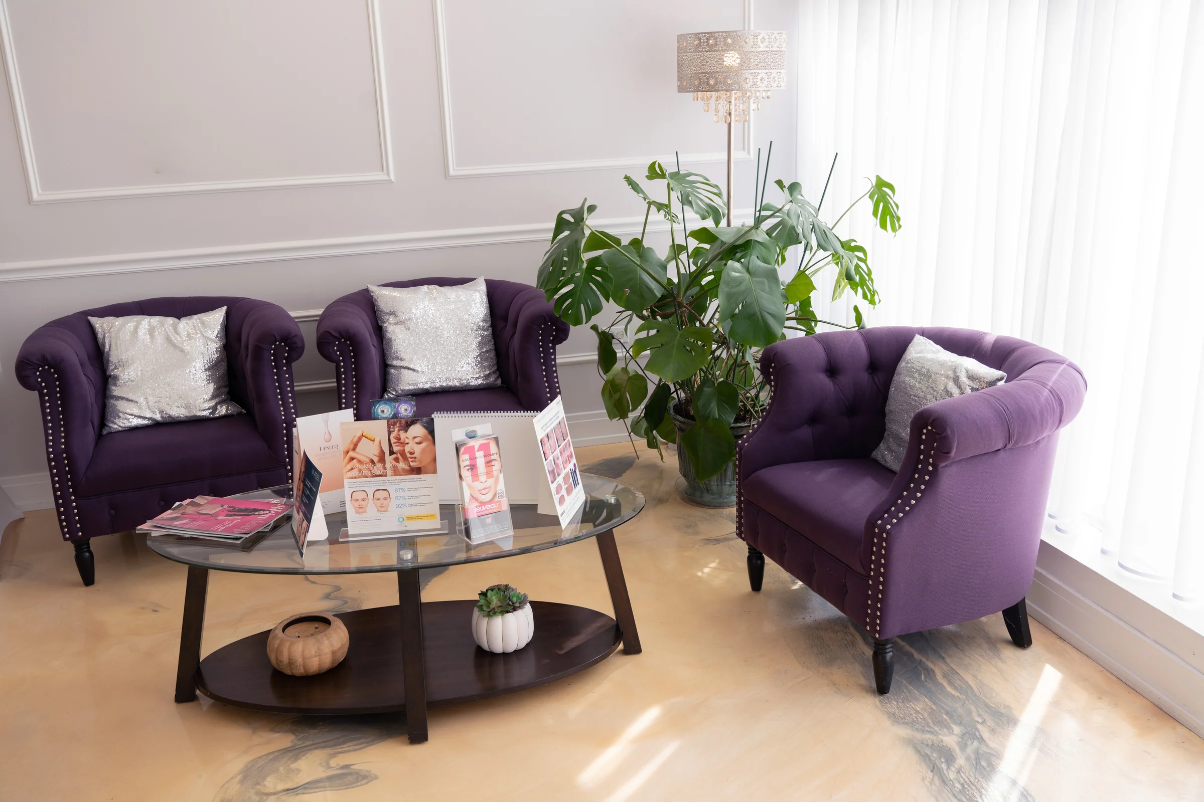 The light-filled waiting lounge at Skin Med Spa in Downers Grove